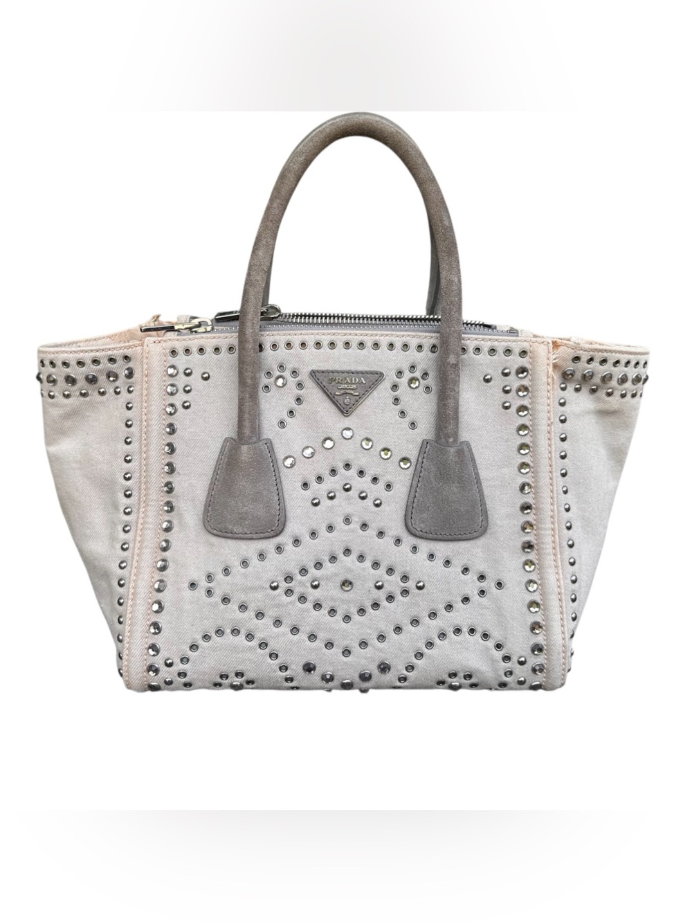 🩶Prada Bijoux Canapa Denim Studded Tote *with wear*